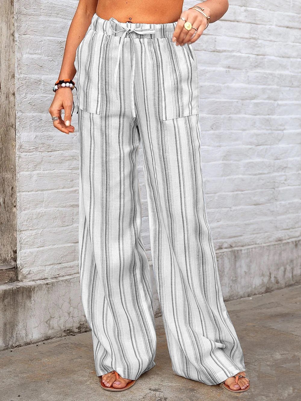 Women's  Drawstring H-Line Wide Leg Pants Daily Going Out Pants Light Blue Casual Split Joint Striped Spring/Fall Pants