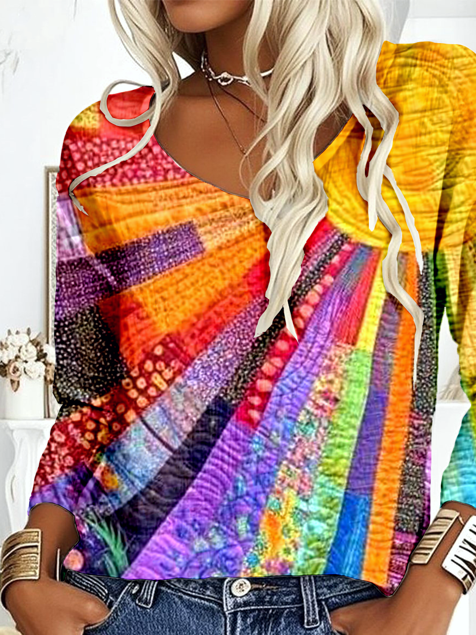 Loose Multicolor Block V Neck Casual Blouse