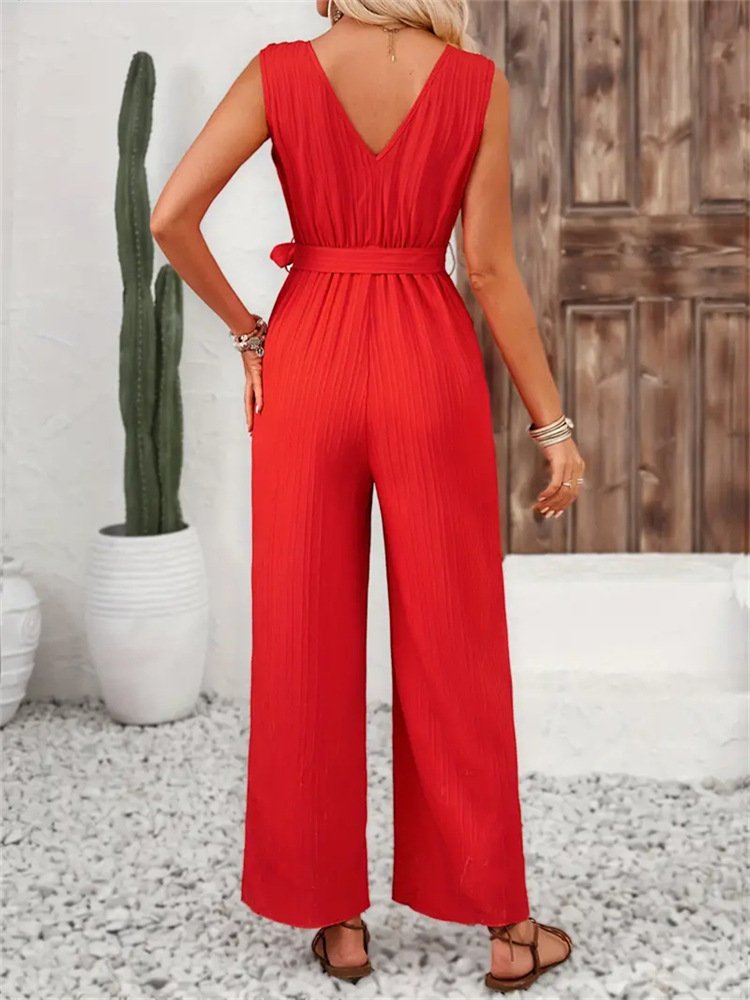 Women's H-Line Overall V Neck Daily Going Out Casual Sash Plain Summer Long Jumpsuit Romper