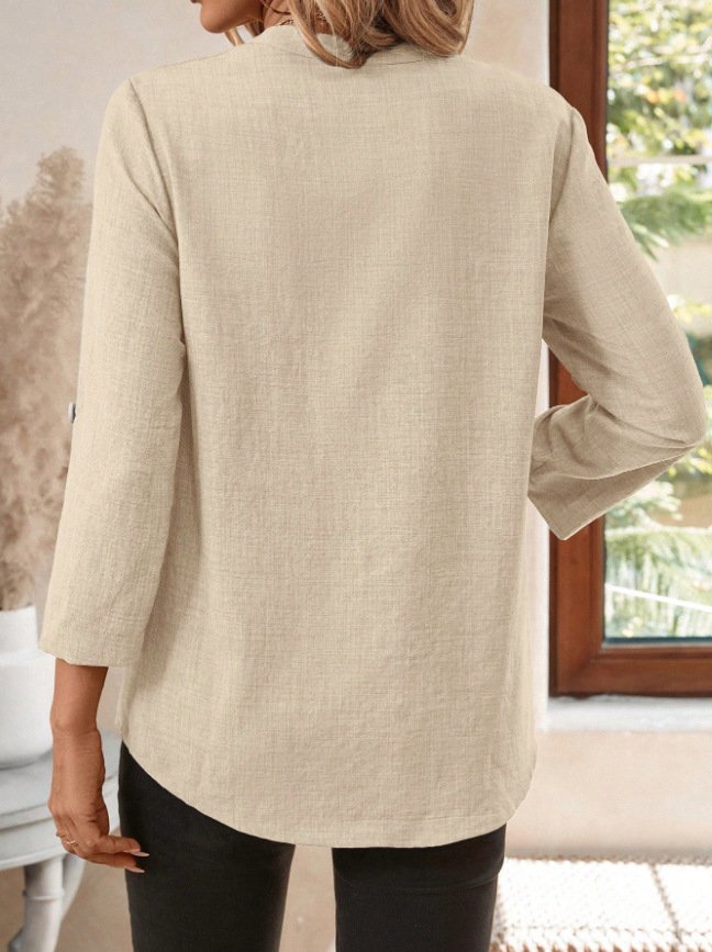 Linen V Neck Plain Casual Shirt