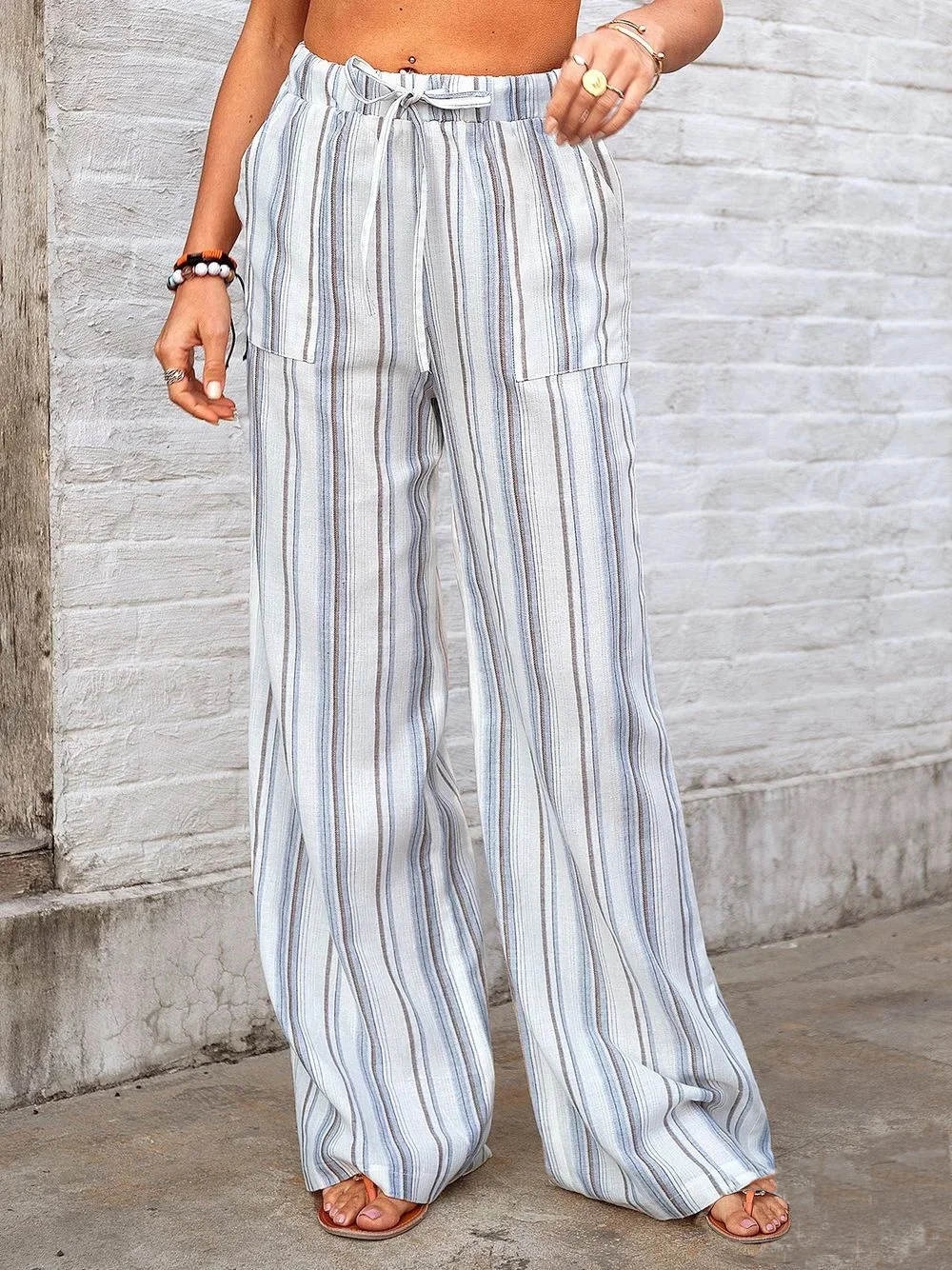 Women's  Drawstring H-Line Wide Leg Pants Daily Going Out Pants Light Blue Casual Split Joint Striped Spring/Fall Pants