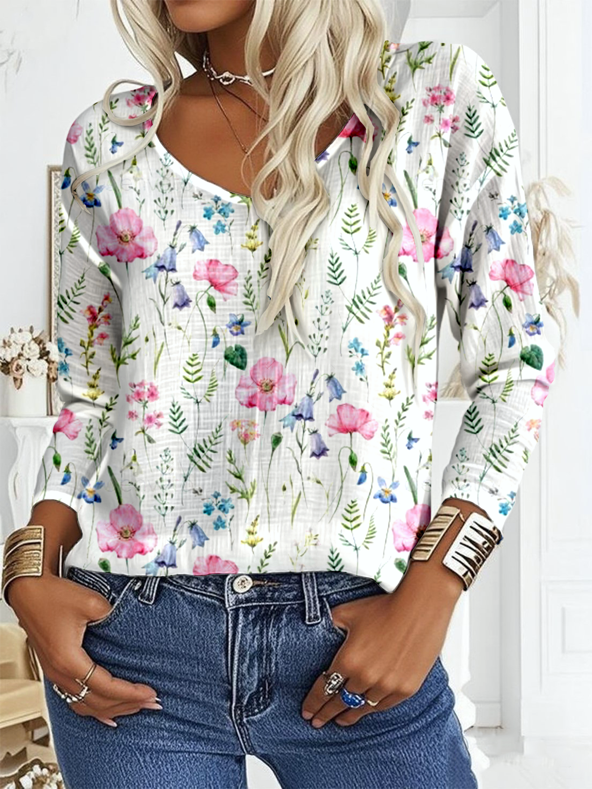 Loose V Neck Casual Floral Blouse