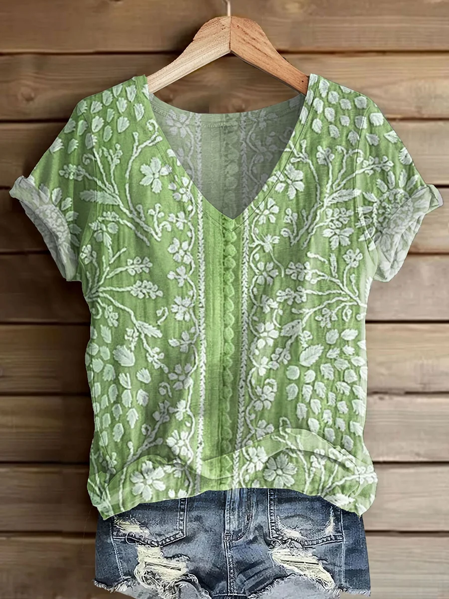 Women's Short Sleeve T-shirt Summer Blue Floral Printing V Neck Daily Going Out Casual Top