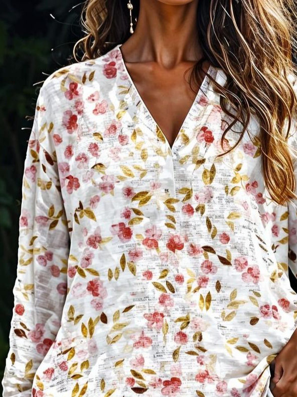 Print Casual V Neck Long Sleeve T-Shirt