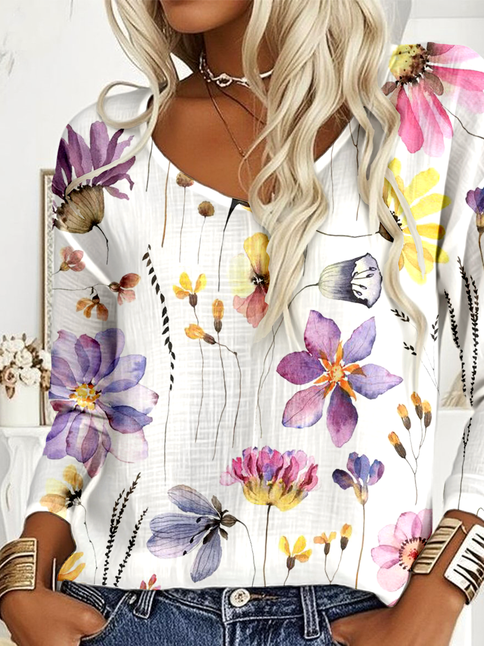 Casual Floral Cotton-Blend V Neck Blouse