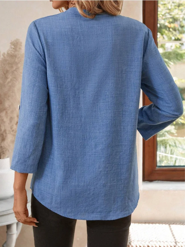 Linen V Neck Plain Casual Shirt