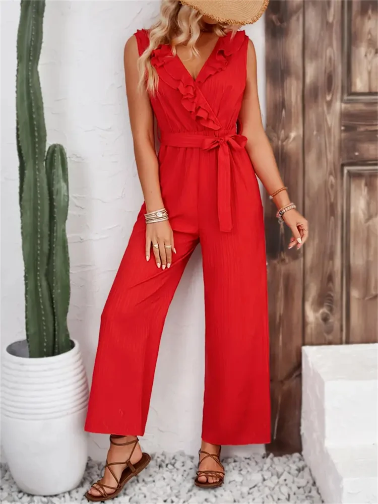 Women's H-Line Overall V Neck Daily Going Out Casual Sash Plain Summer Long Jumpsuit Romper