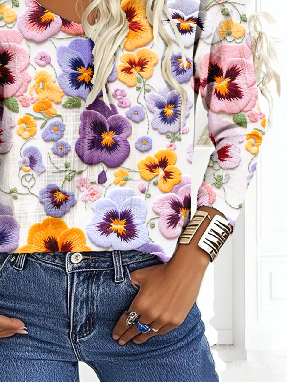 Loose Casual V Neck Cotton-Blend Blouse
