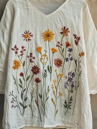 Print Casual V Neck Three-Quarter Sleeves T-Shirt