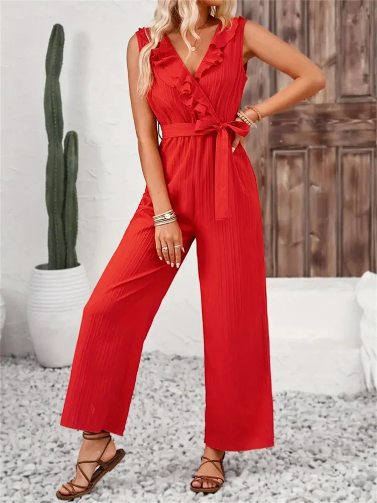 Women's H-Line Overall V Neck Daily Going Out Casual Sash Plain Summer Long Jumpsuit Romper