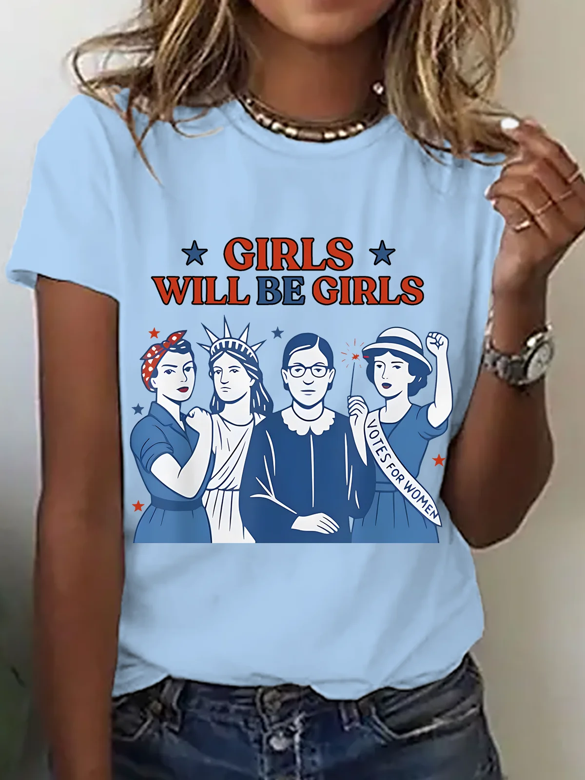 Girl Will Be Girls Patriotic Feminist 4th Of July Cotton T-Shirt
