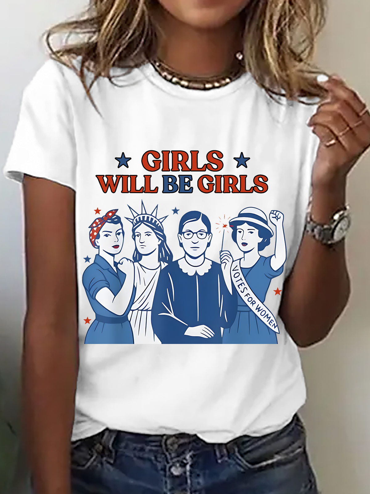 Girl Will Be Girls Patriotic Feminist 4th Of July Cotton T-Shirt