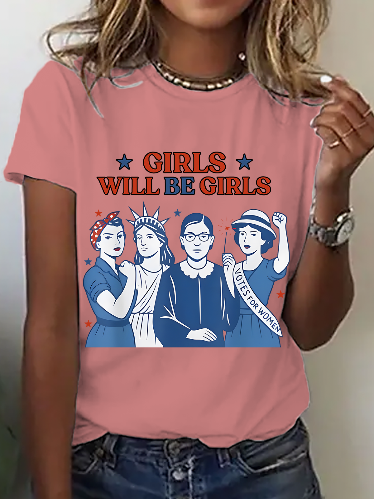 Girl Will Be Girls Patriotic Feminist 4th Of July Cotton T-Shirt