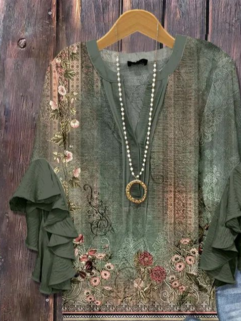 Women's Half Sleeve Shirt Summer Green Floral Printing V Neck Daily Going Out Casual Top