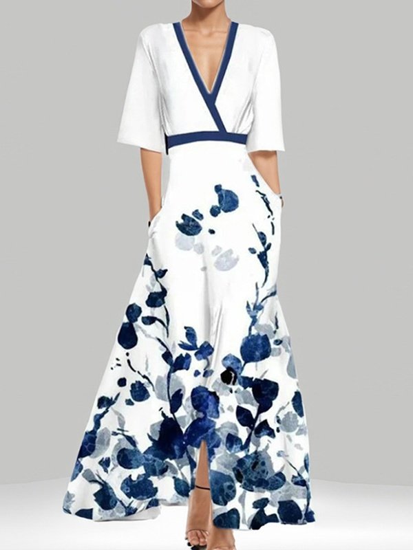 Women's Short Sleeve Summer White Plain Split Joint V Neck Daily Going Out Vintage Maxi A-Line Tank Dress