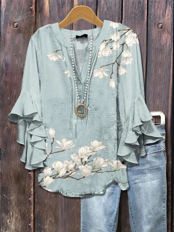Women's Half Sleeve Shirt Summer Blue Floral Printing V Neck Daily Going Out Casual Top