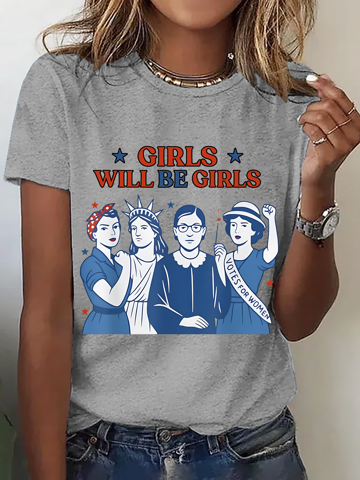 Girl Will Be Girls Patriotic Feminist 4th Of July Cotton T-Shirt