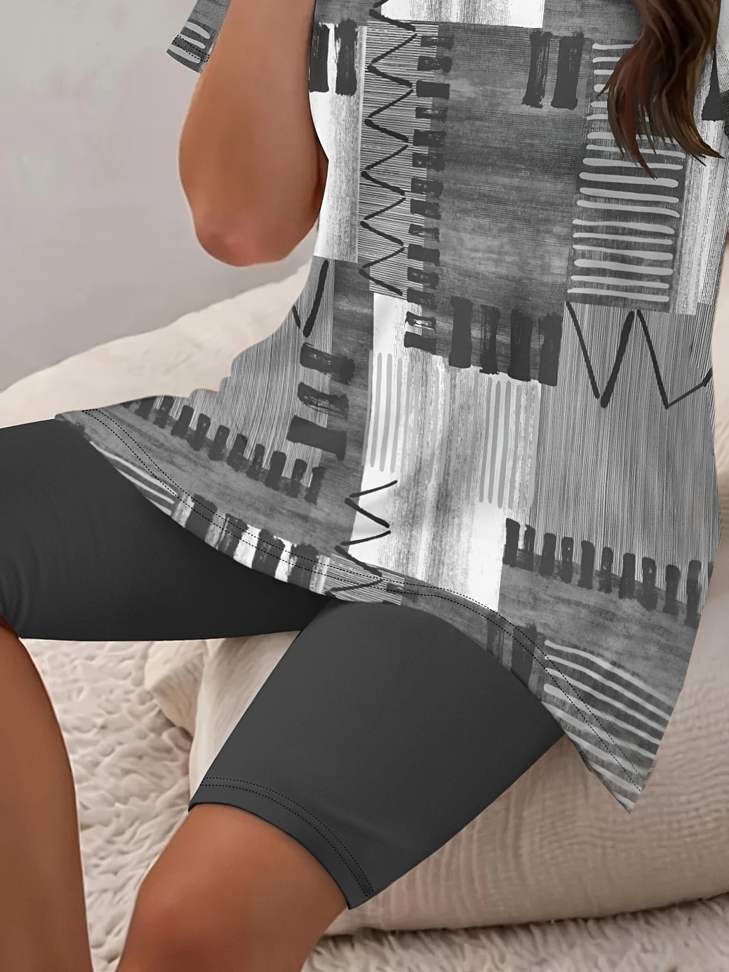 Women's Printing Abstract Daily Going Out Two-Piece Set Gray Casual Summer Top With Pants Matching Set