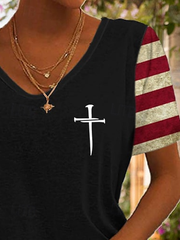 Women's American Flag Print V-Neck Cotton Blend Short Sleeve T-Shirt