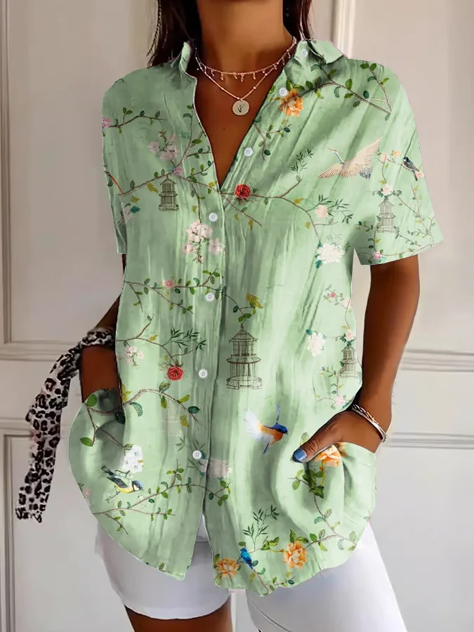 Women's Short Sleeve Shirt Summer Green Floral Printing Shirt Collar Daily Going Out Casual Top