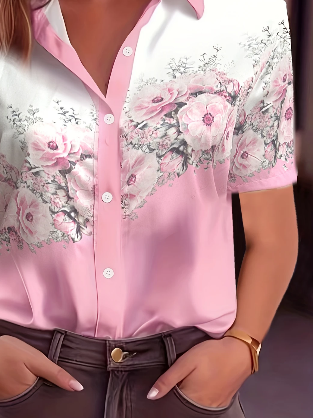 Women's Short Sleeve Shirt Summer Pink Floral Printing Shirt Collar Daily Going Out Casual Top
