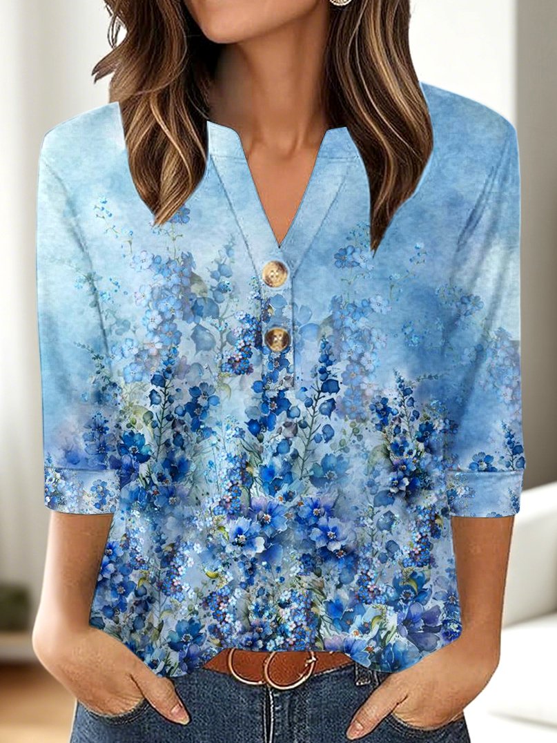 Floral Casual V Neck Cotton T-Shirt