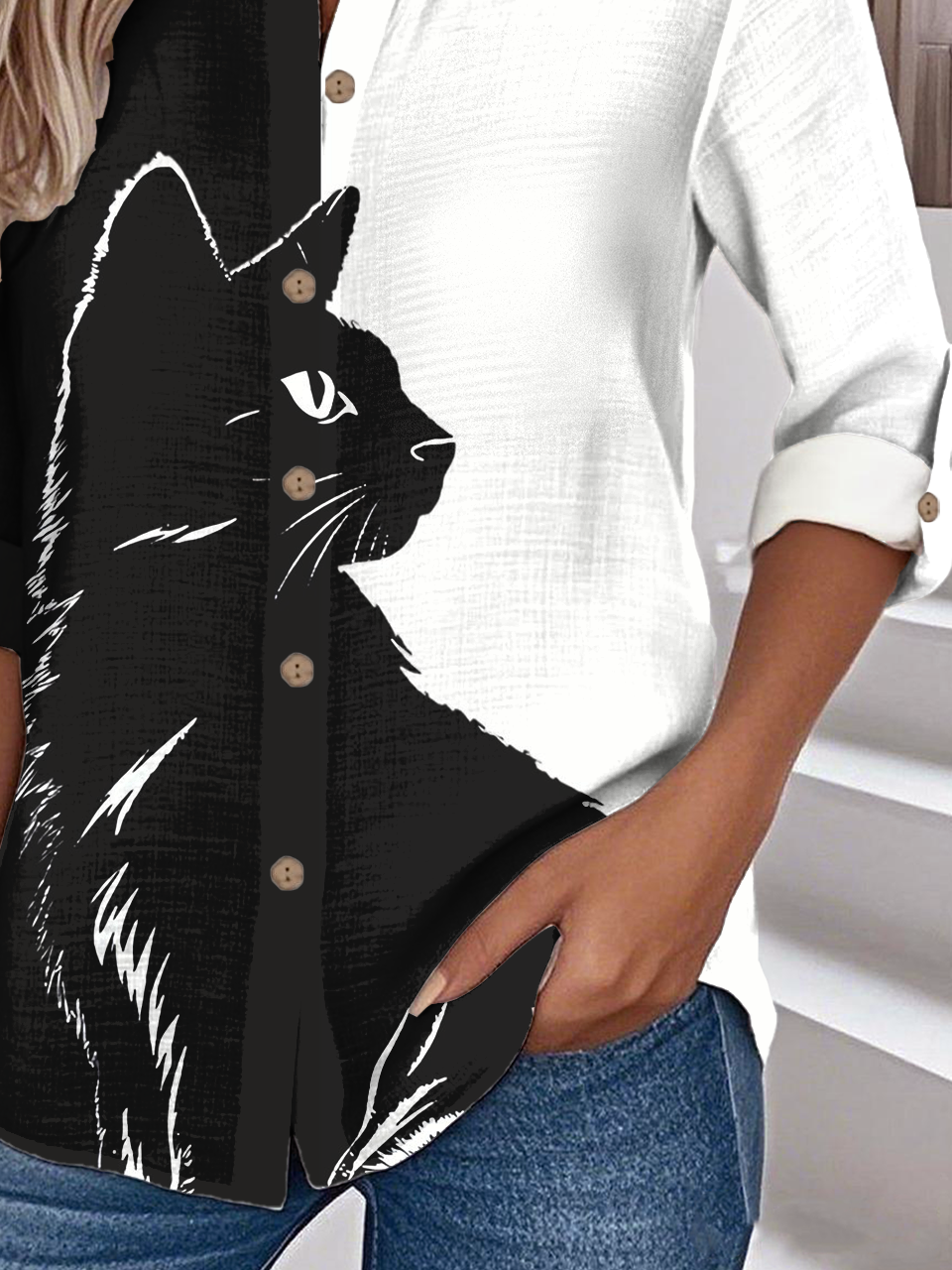 Animal Picture Loose Stand Collar Simple Shirt
