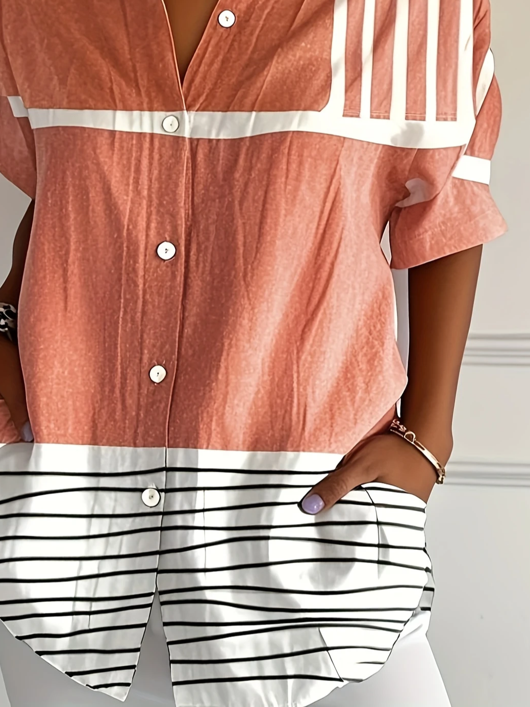 Women's Short Sleeve Shirt Summer Orange Striped Printing Shirt Collar Daily Going Out Casual Top