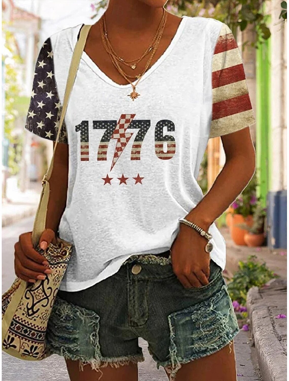 Women's 1776 American Flag Print V-Neck Cotton Blend Short Sleeve T-Shirt