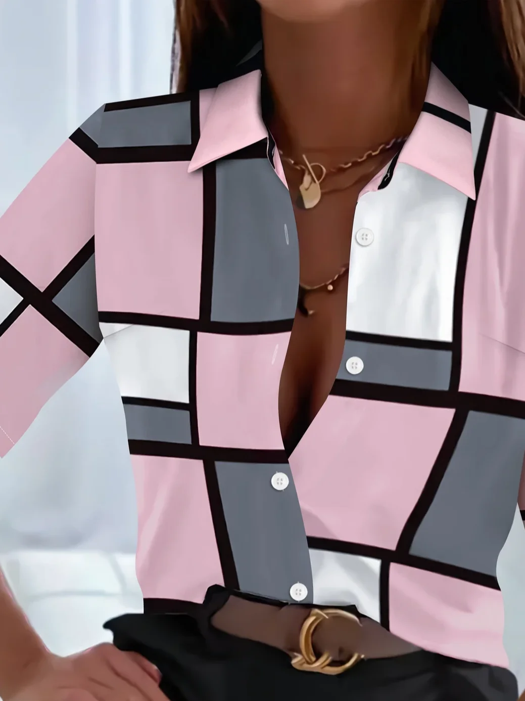 Women's Short Sleeve Shirt Summer Pink Plaid Printing Shirt Collar Daily Going Out Casual Top