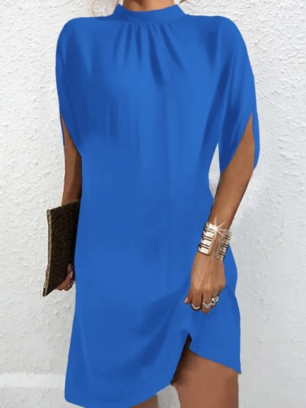 Women's Short Sleeve Summer Blue Plain Split Joint Crew Neck Dolman Sleeve Daily Going Out Vintage Midi A-Line Tank Dress