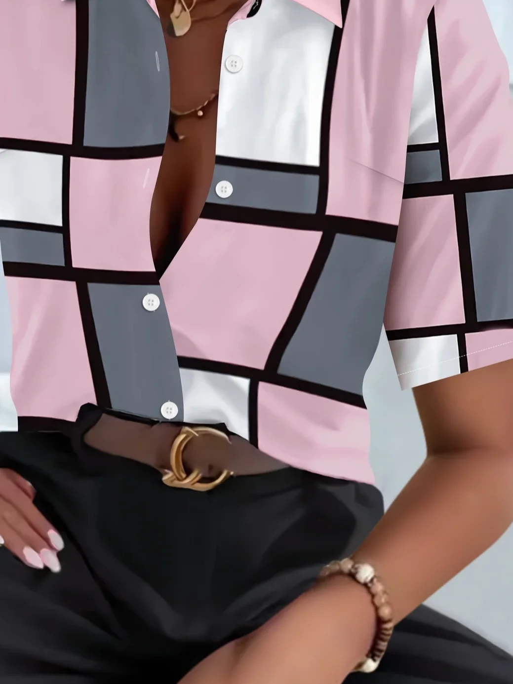 Women's Short Sleeve Shirt Summer Pink Plaid Printing Shirt Collar Daily Going Out Casual Top