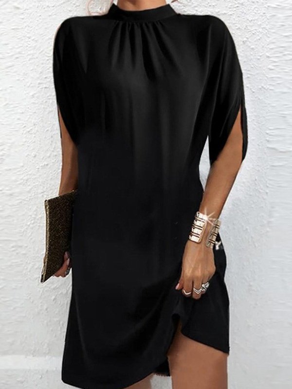 Women's Short Sleeve Summer Blue Plain Split Joint Crew Neck Dolman Sleeve Daily Going Out Vintage Midi A-Line Tank Dress