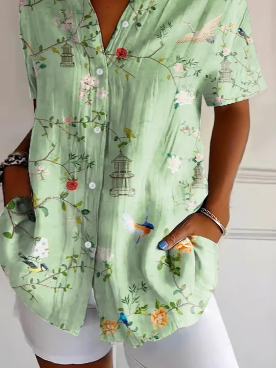 Women's Short Sleeve Shirt Summer Green Floral Printing Shirt Collar Daily Going Out Casual Top