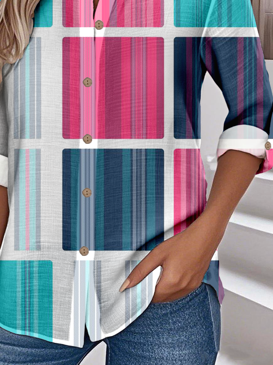 Stand Collar Loose Simple Multicolor Block Shirt