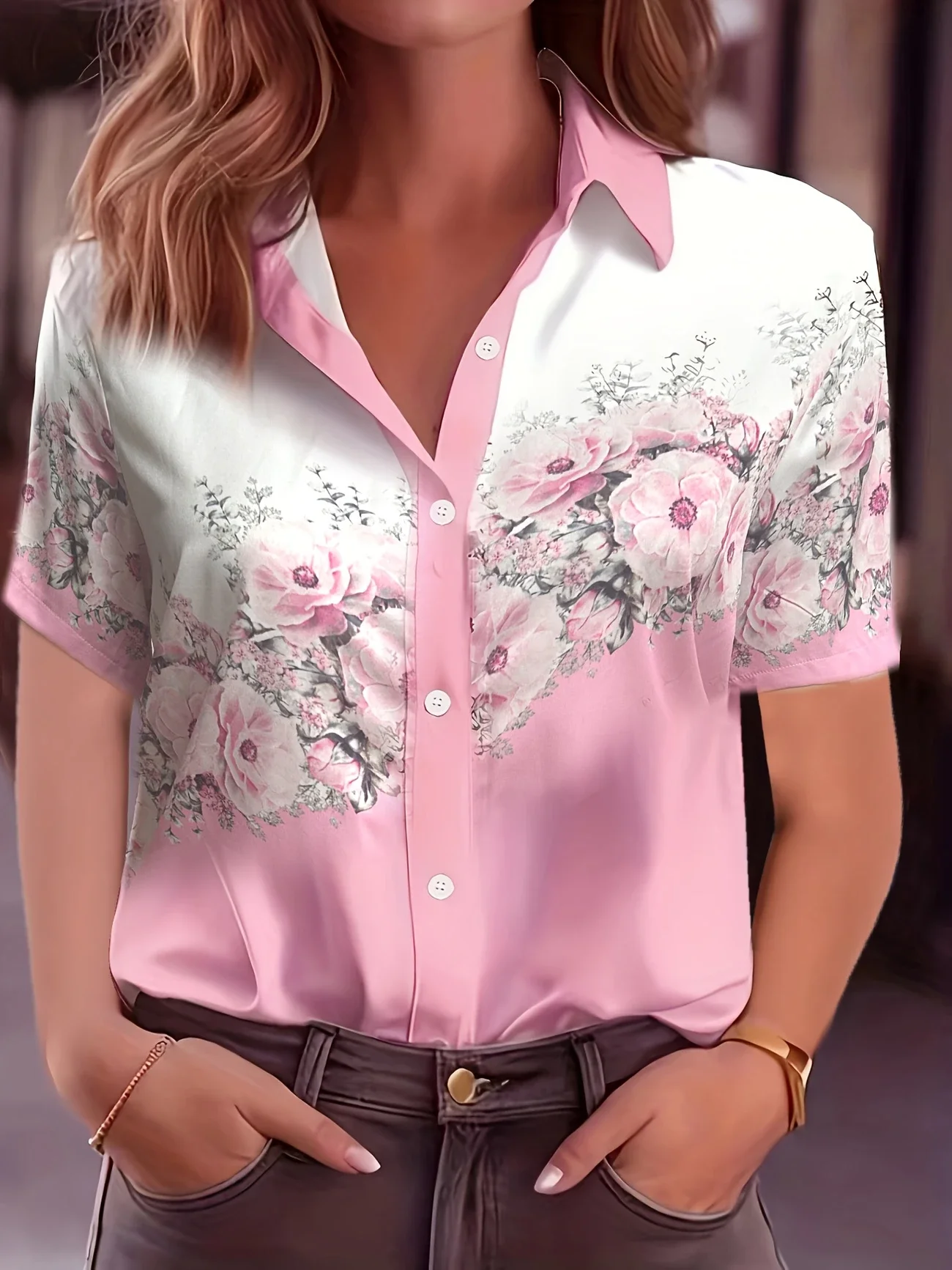 Women's Short Sleeve Shirt Summer Pink Floral Printing Shirt Collar Daily Going Out Casual Top