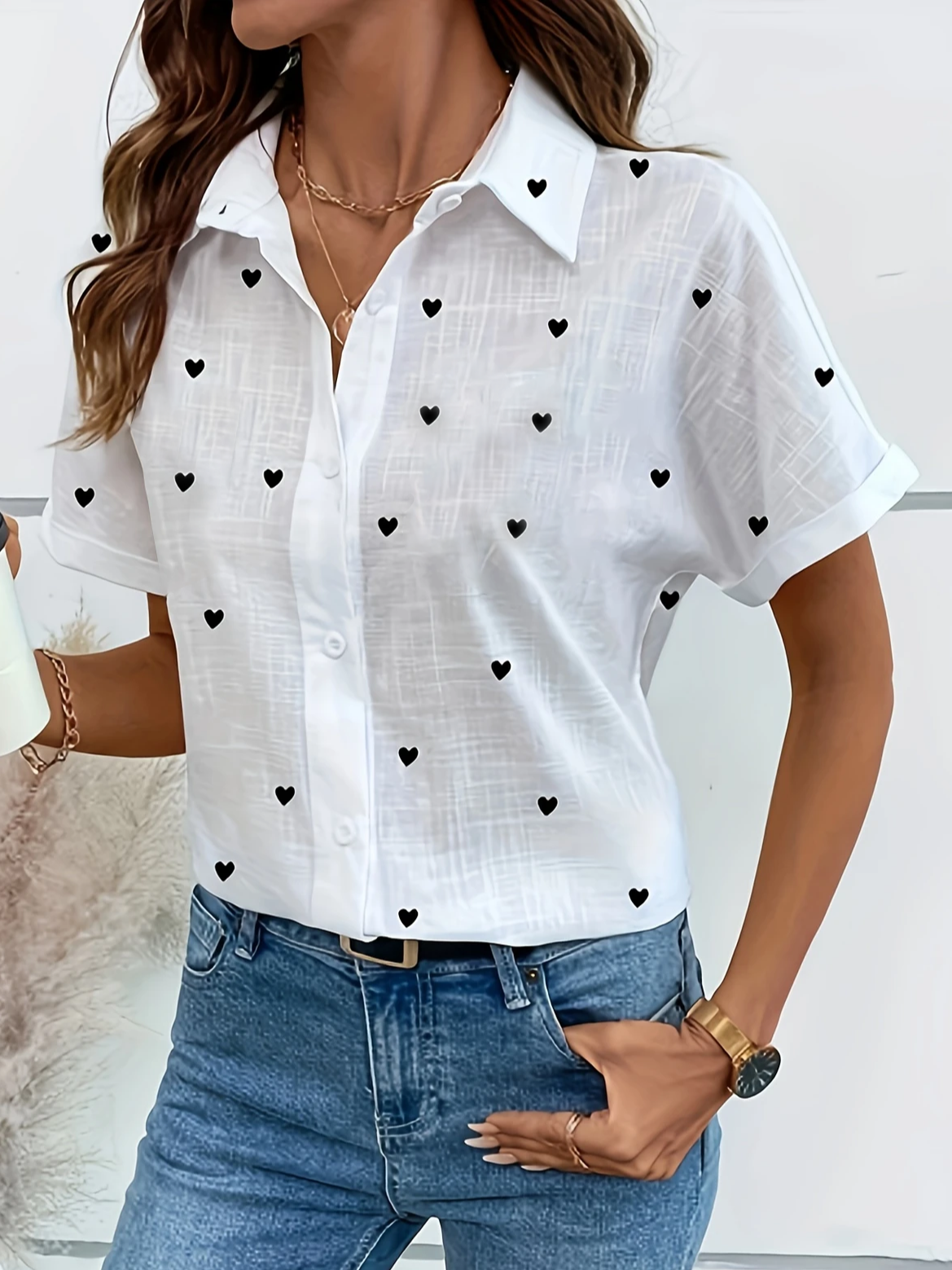 Women's Short Sleeve Shirt Summer White Heart/Cordate Printing Shirt Collar Daily Going Out Casual Top