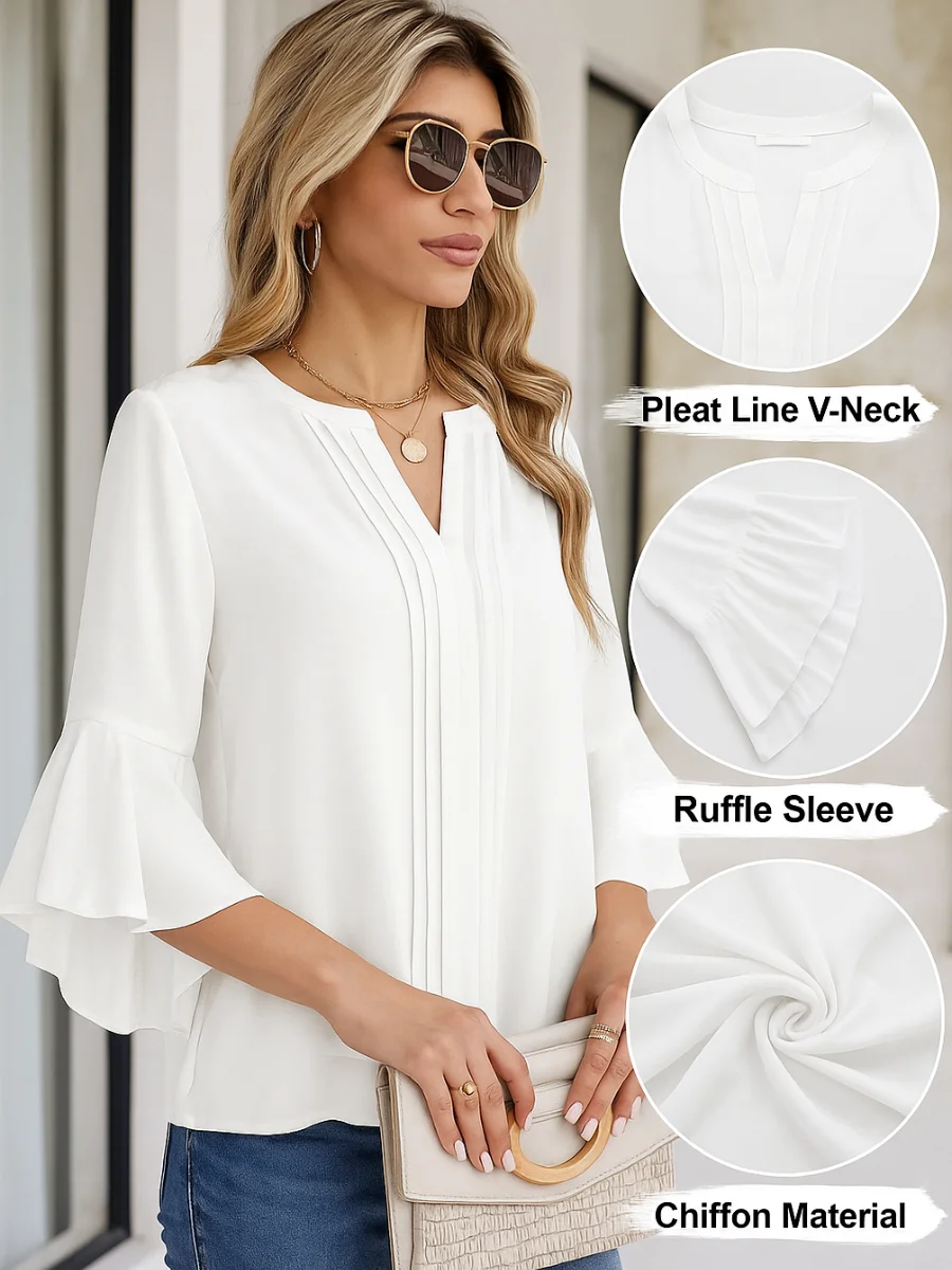 Women's Three Quarter Sleeve Shirt Spring/Fall White Plain Peplum Chiffon V Neck Ruffle Sleeve Daily Going Out Casual Top