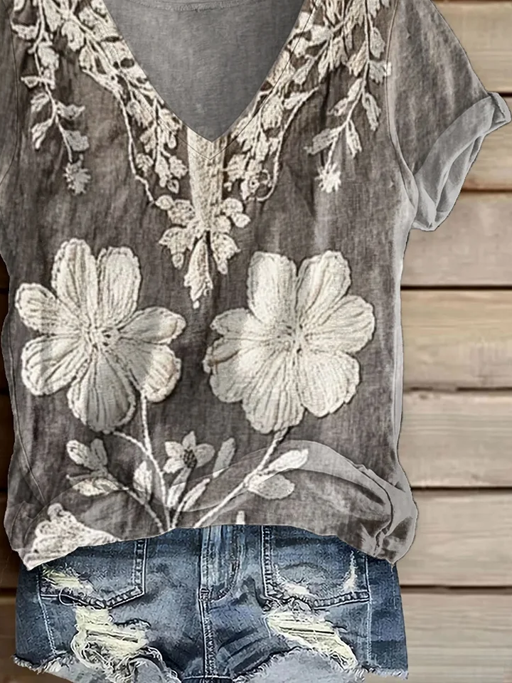 Women's Short Sleeve T-shirt Summer Gray Floral Printing V Neck Daily Going Out Casual Top