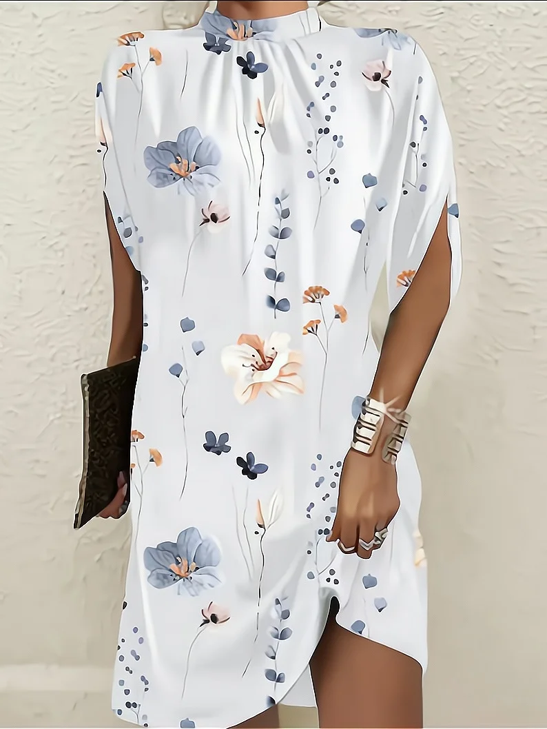 Women's Short Sleeve Summer Blue Plain Split Joint Crew Neck Dolman Sleeve Daily Going Out Vintage Midi A-Line Tank Dress