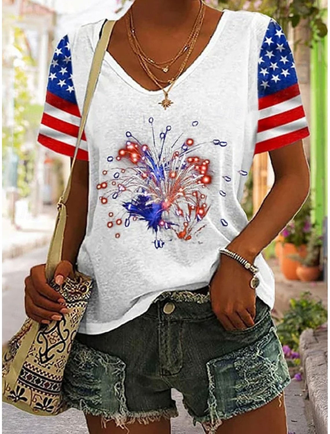 Women's American Flag Fireworks Print V-Neck Cotton Blend Short Sleeve T-Shirt