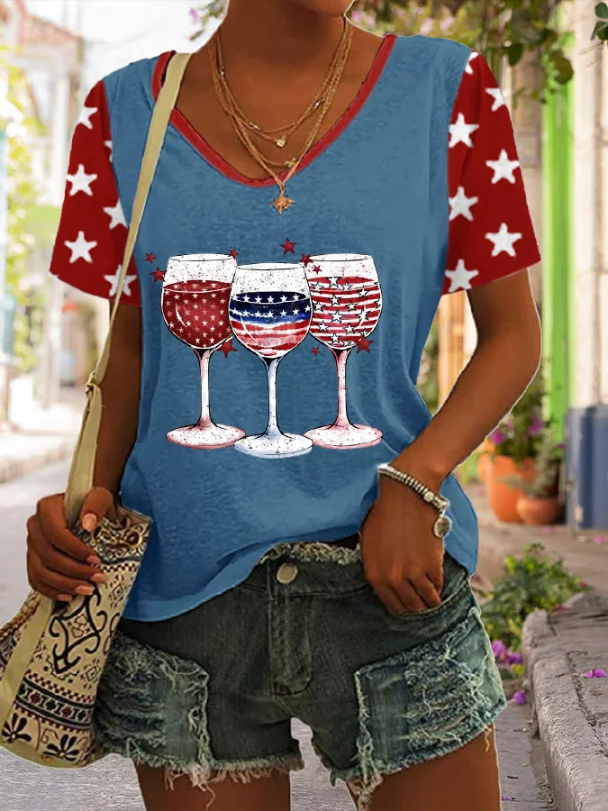 Women's Red Wine & Blue Print T-Shirt