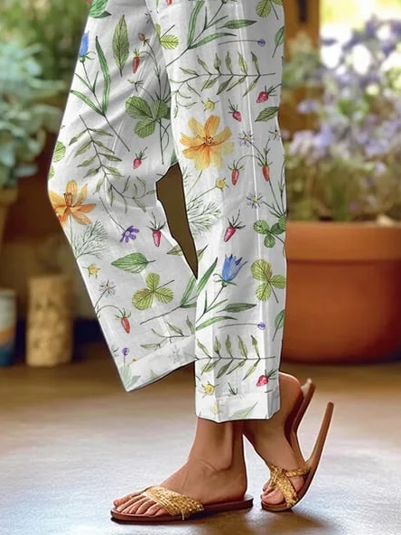 Women's  H-Line Baggy Pants Daily Going Out Pants White Casual Printing Floral Spring/Fall Pants