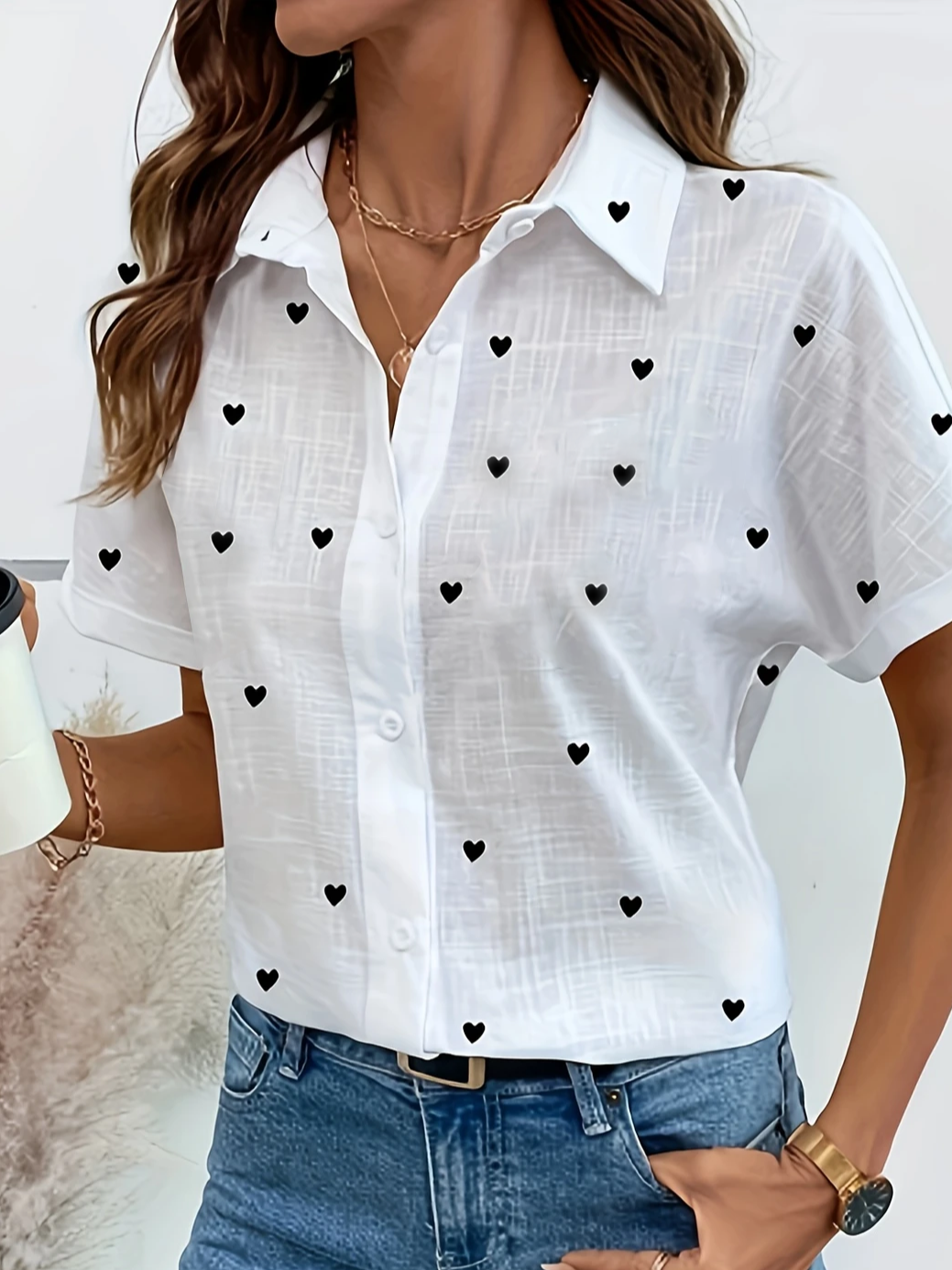 Women's Short Sleeve Shirt Summer White Heart/Cordate Printing Shirt Collar Daily Going Out Casual Top