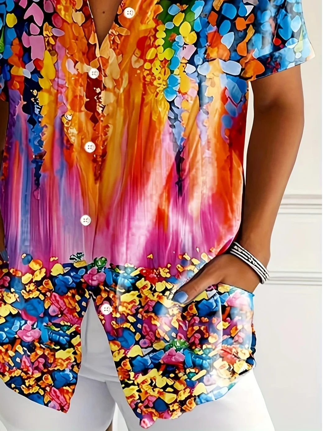 Women's Short Sleeve Shirt Summer As Picture Abstract Printing Shirt Collar Daily Going Out Casual Top