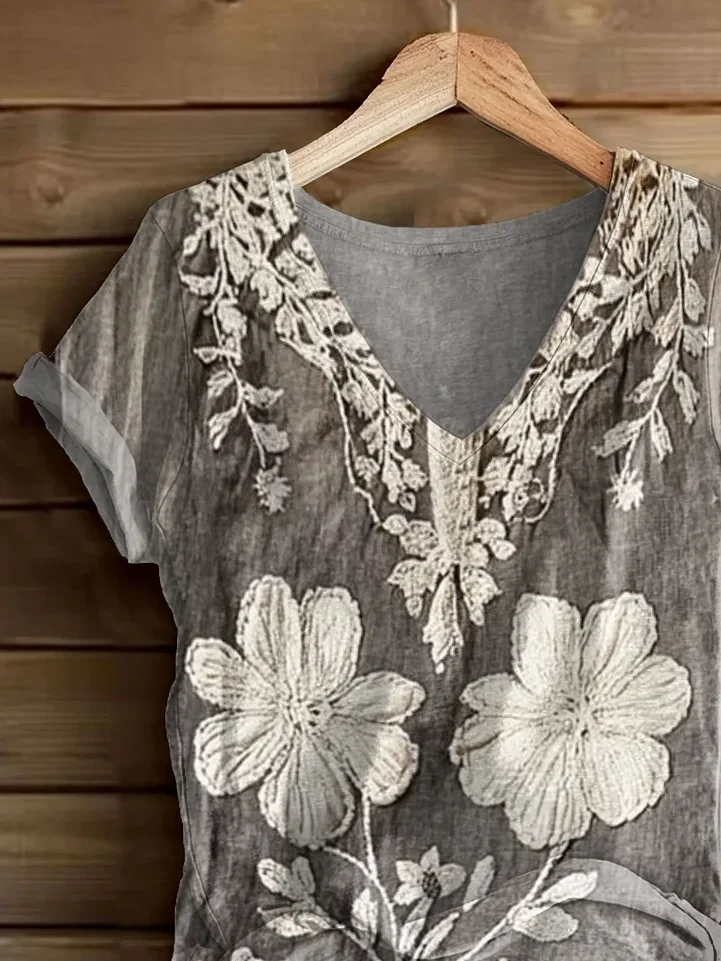 Women's Short Sleeve T-shirt Summer Gray Floral Printing V Neck Daily Going Out Casual Top