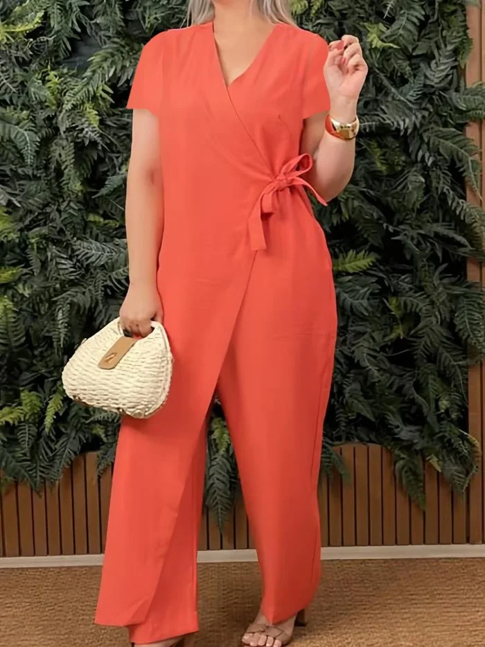 Women's H-Line T-Shirt V Neck Daily Going Out Casual Lace-up Cotton Plain Summer Long Jumpsuit Romper