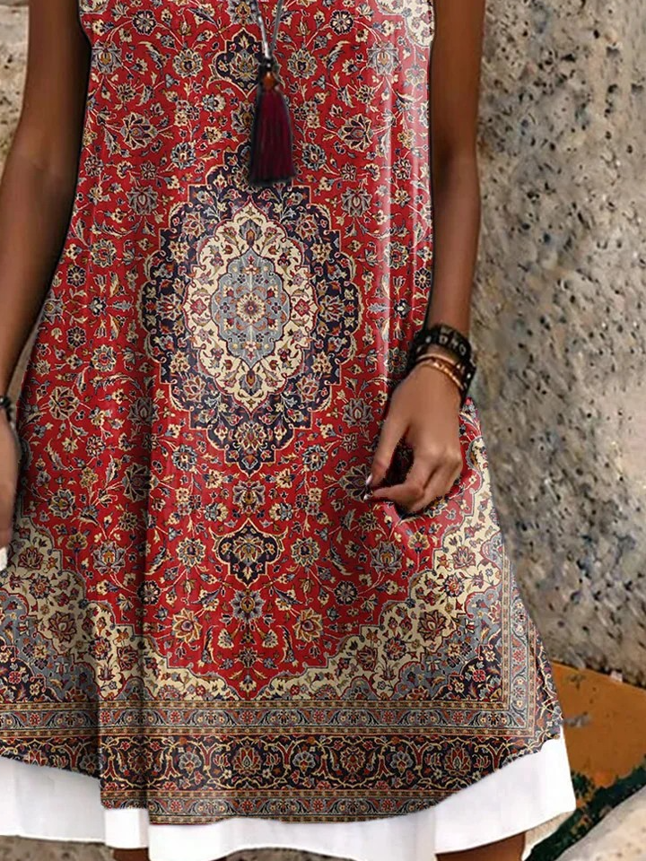 Regular Fit Casual Crew Neck Ethnic Geometry Dress