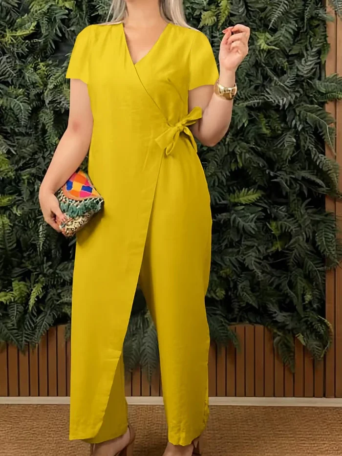 Women's H-Line T-Shirt V Neck Daily Going Out Casual Lace-up Cotton Plain Summer Long Jumpsuit Romper