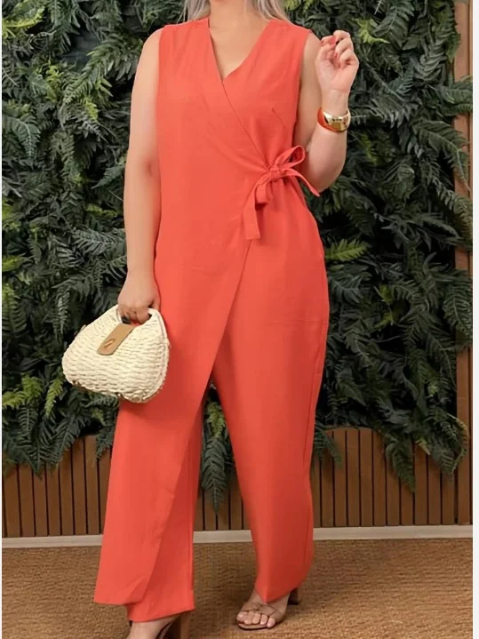 Women's H-Line T-Shirt V Neck Daily Going Out Casual Lace-up Cotton Plain Summer Long Jumpsuit Romper